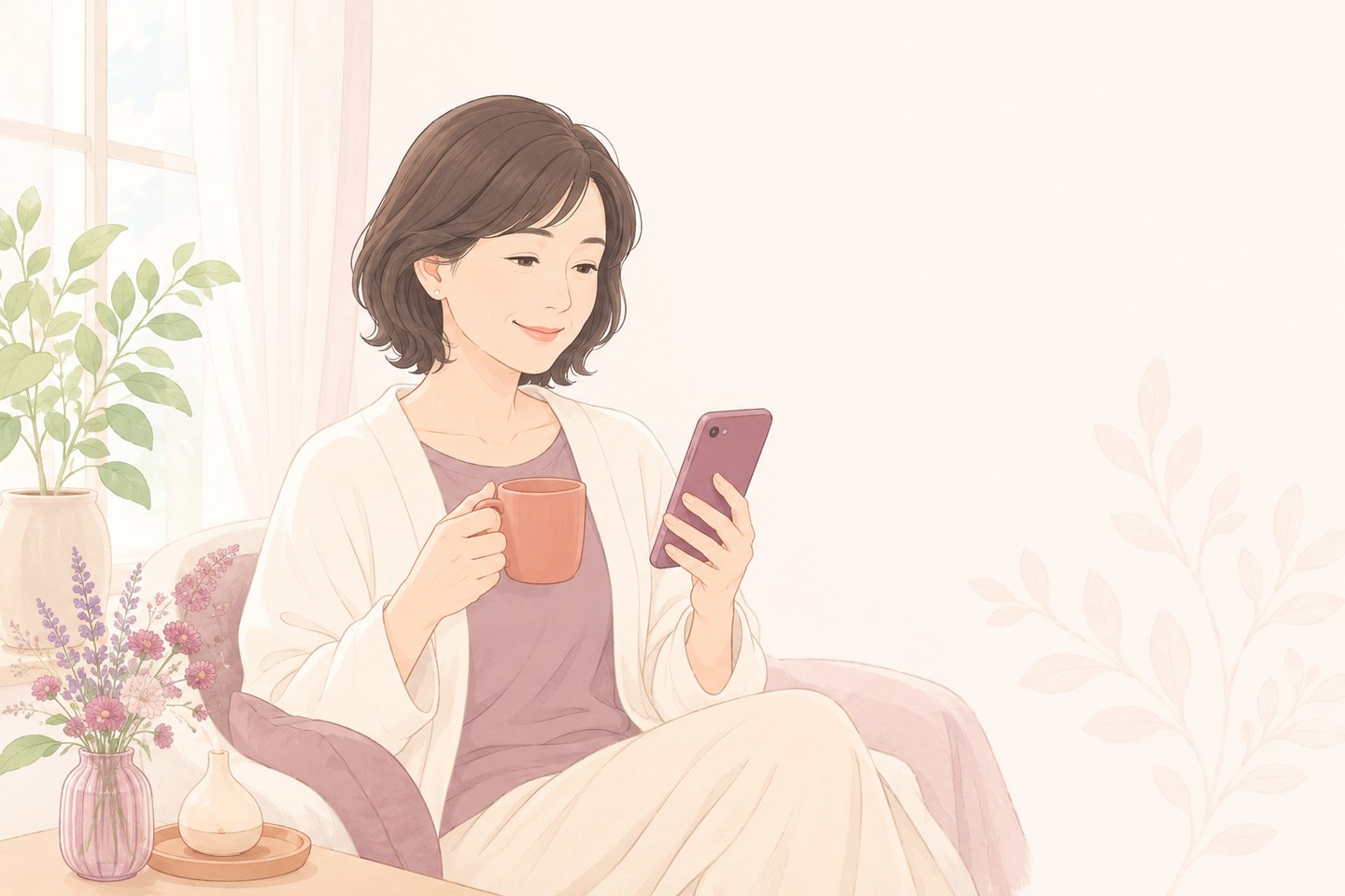 窓辺でスマートフォンを見ながら穏やかにほほえむ女性