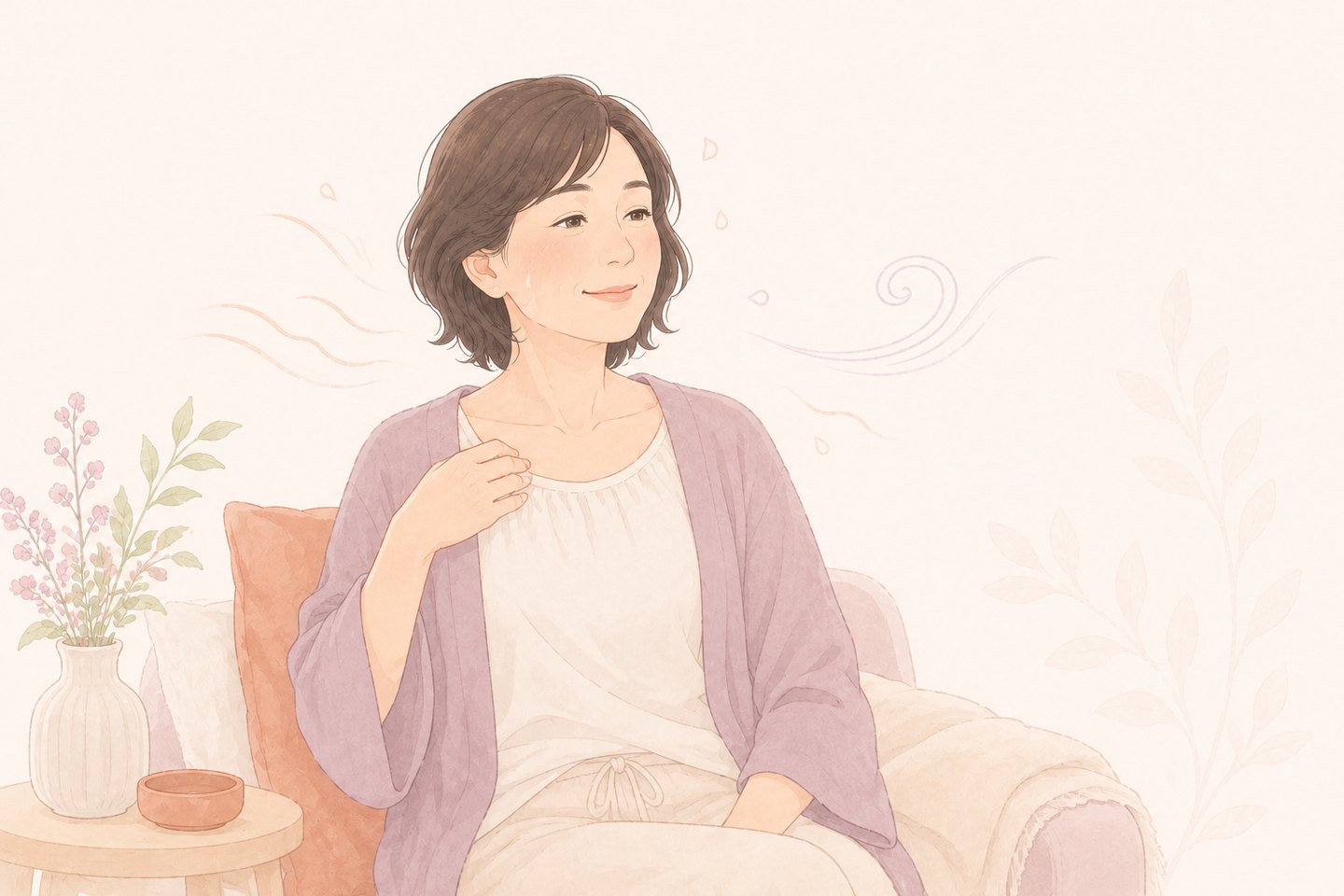 急なほてりを感じて襟元をあおぐ女性