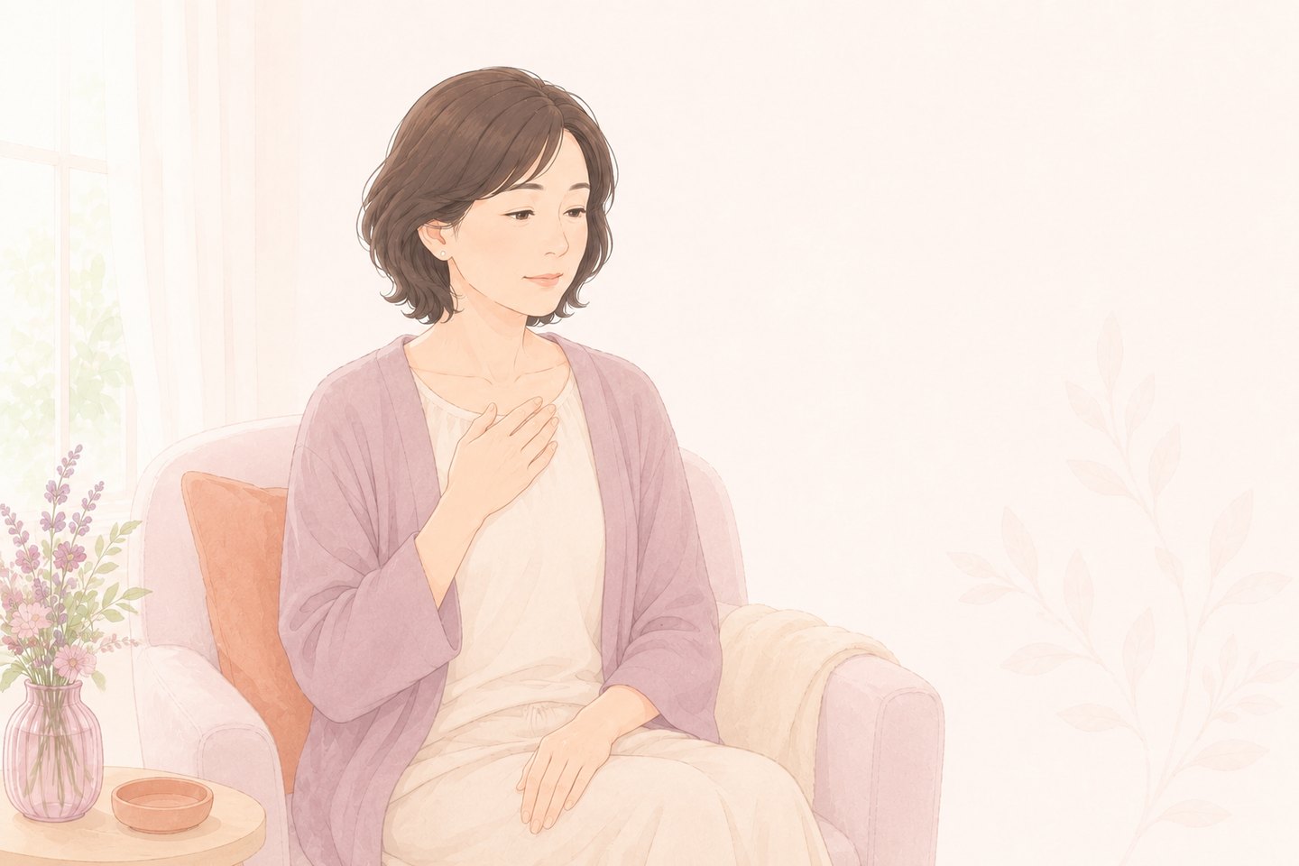 受診をためらい、胸に手を当てて考えこむ女性