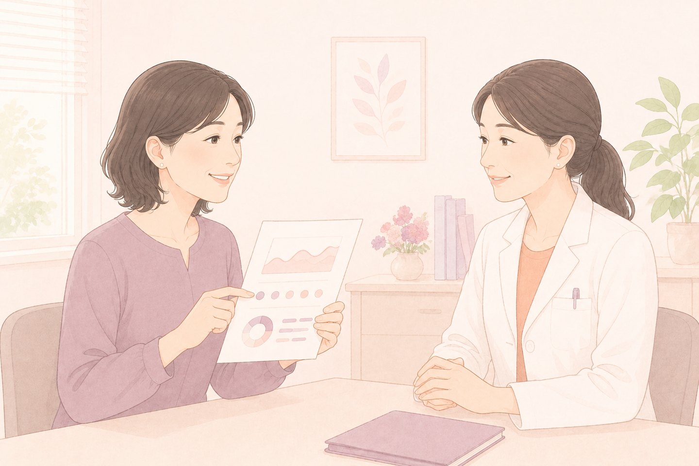 体調のまとめを女性医師に見せて相談する女性