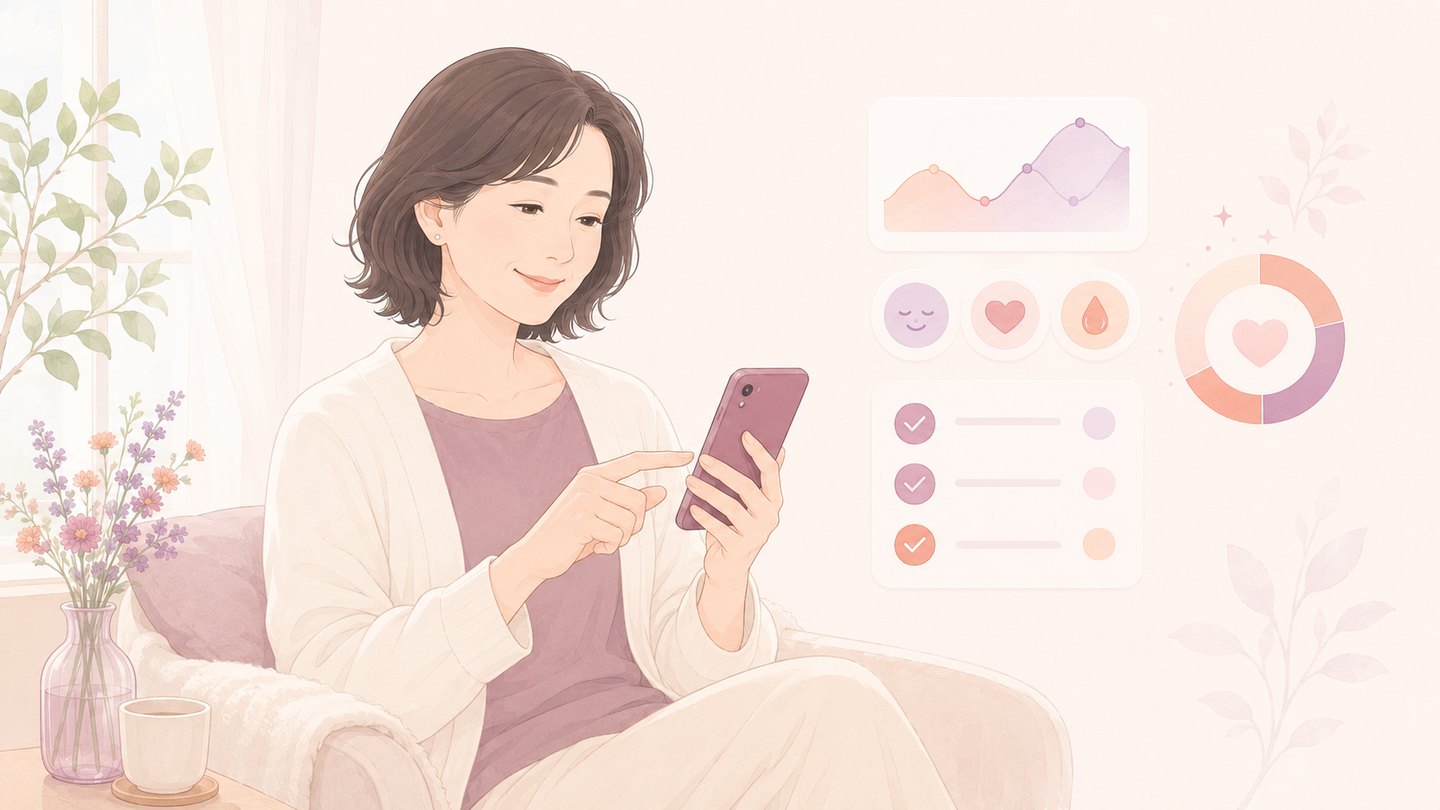スマートフォンでセルフチェックに答える女性