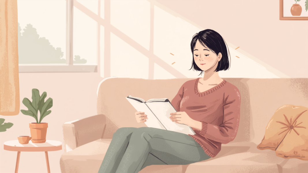 リビングのソファでノートを開き、治療の続け方について静かに考える女性のイラスト