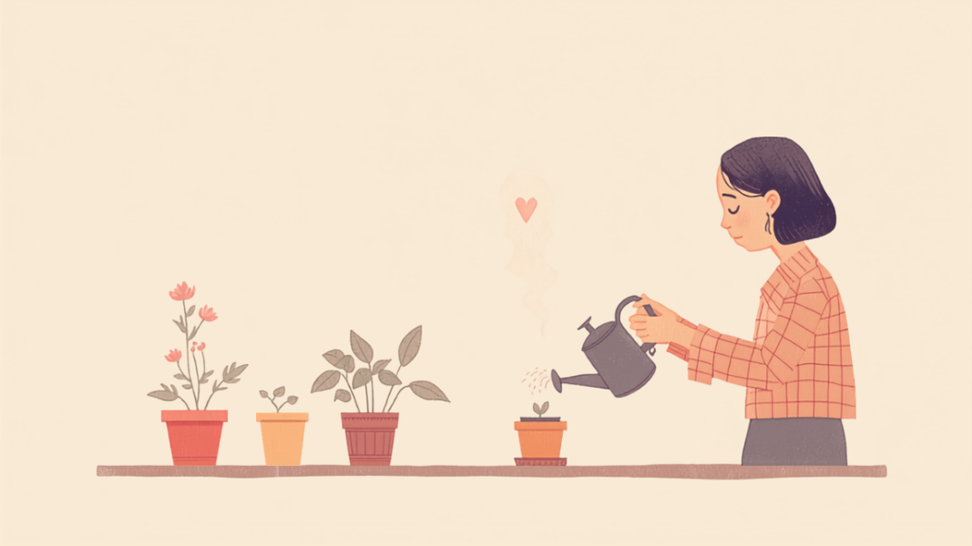 窓辺に並んだ大小の鉢植えに、じょうろで少しずつ水をあげる女性のイラスト