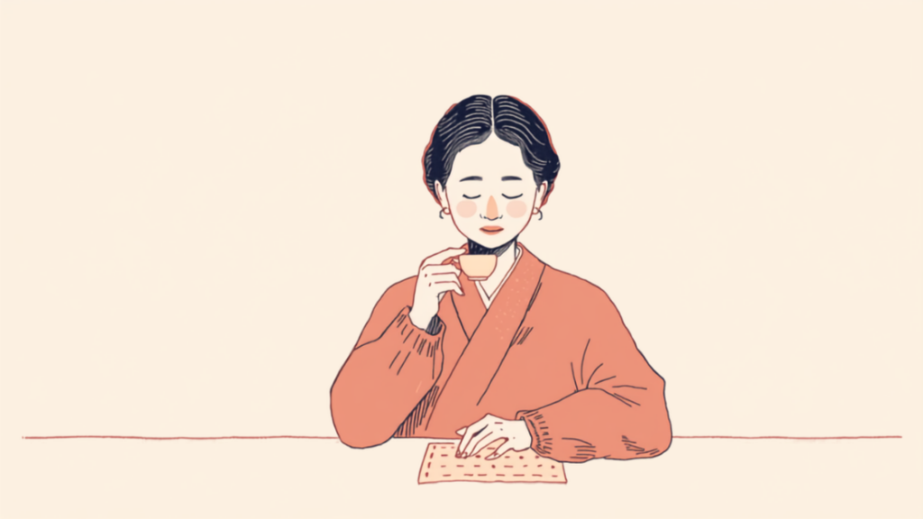 湯のみを手にして穏やかに考えごとをしている女性のイラスト