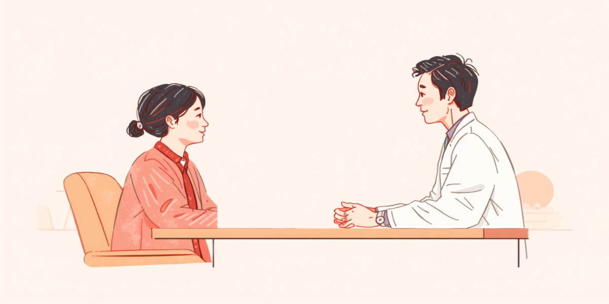 診察室で医師と患者が机をはさんで穏やかに話し合っているイラスト