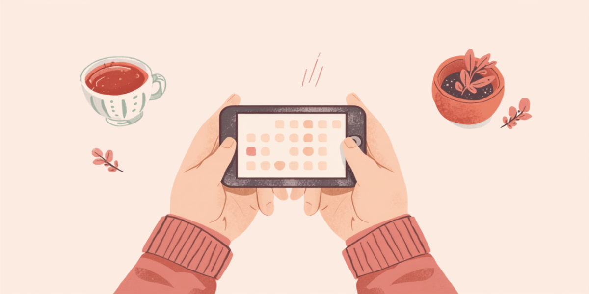 スマートフォンでカレンダー状の記録画面を開いている手元のイラスト