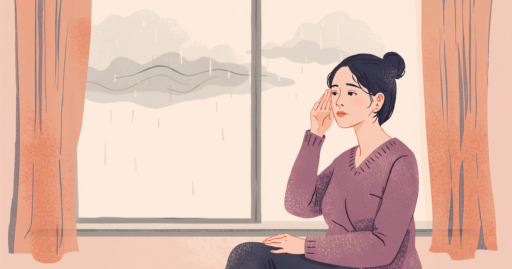窓の外の雨雲を眺めながら、こめかみに手を当てて休んでいる女性のイラスト