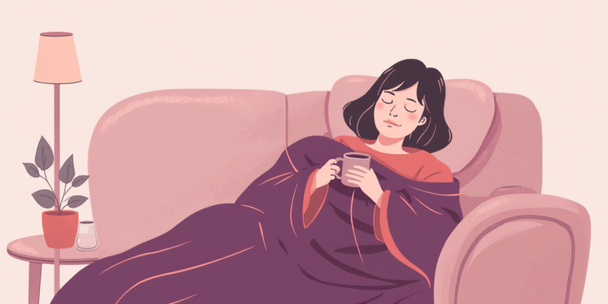 ソファでブランケットにくるまり、温かい飲み物を手に休んでいる女性のイラスト
