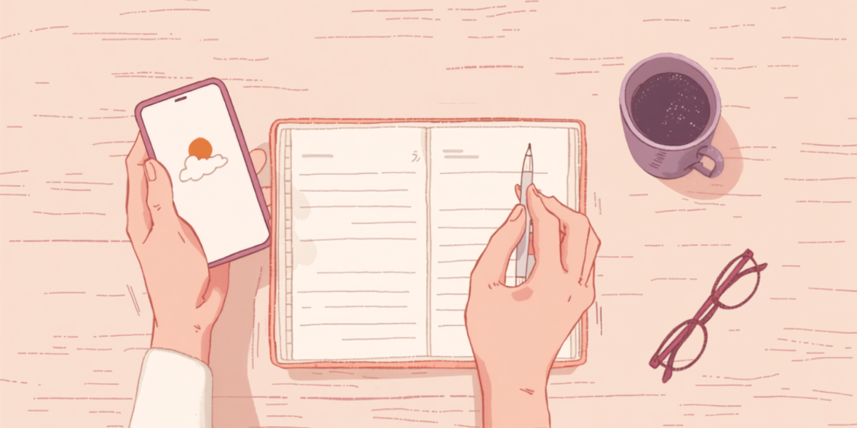 スマートフォンで天気を確かめながら、手帳に予定を書き込んでいる手元のイラスト
