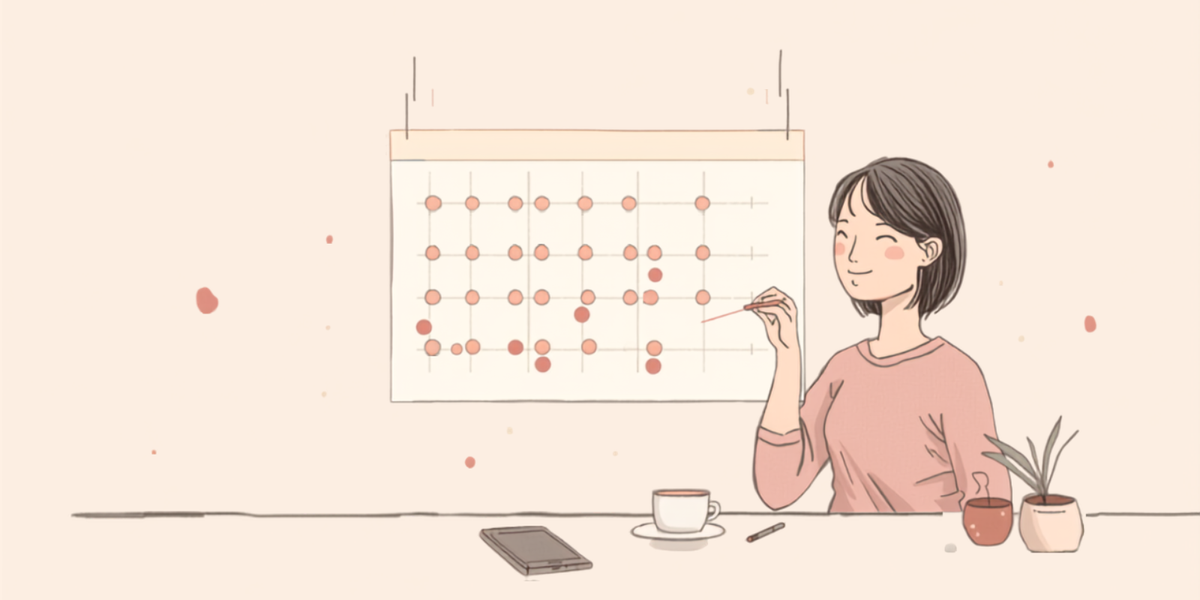 カレンダーに印をつけて、体調の傾向をふり返っている女性のイラスト