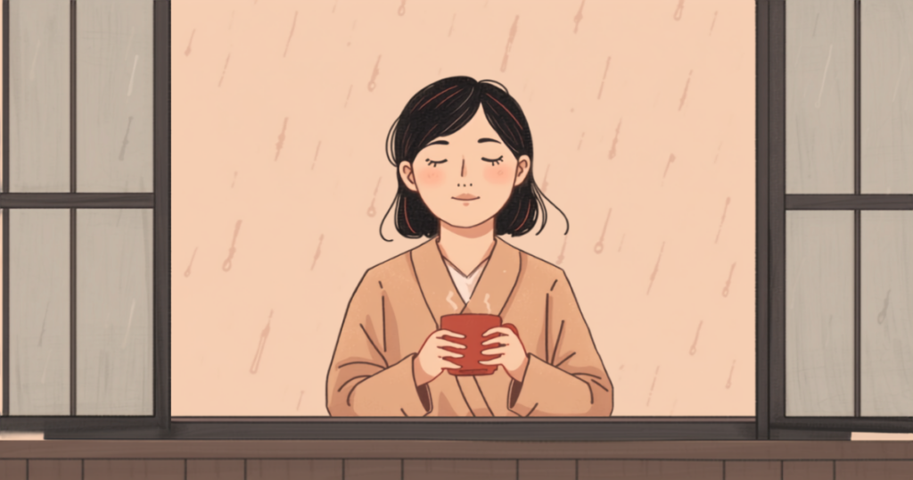 雨の日の窓辺で、あたたかい飲みものを手に静かに過ごす女性のイラスト