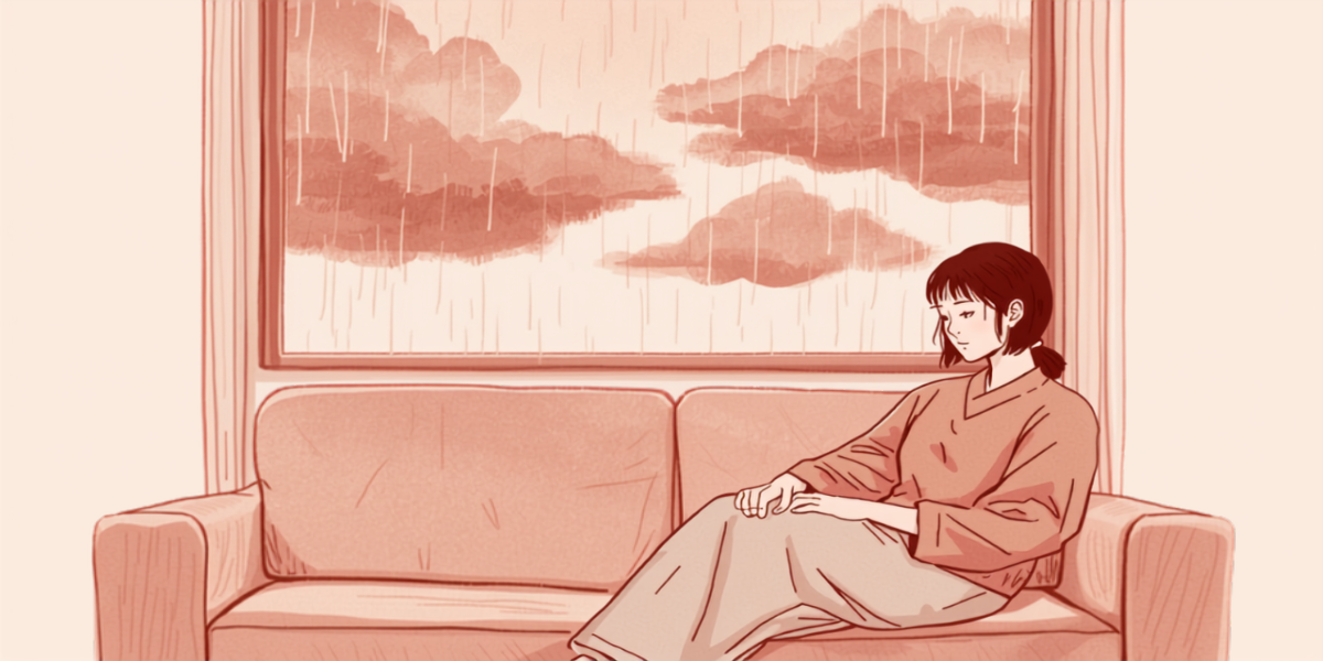 雨雲の広がる窓の外を眺めながら、室内のソファでゆっくり過ごす女性のイラスト