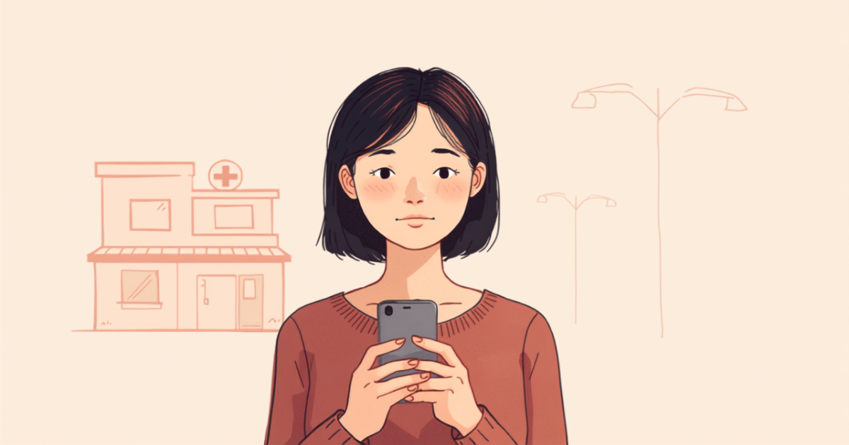 スマートフォンで通いやすい婦人科や更年期外来を探している40代女性のイラスト