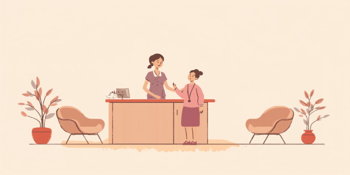 クリニックの受付で女性スタッフに案内を受けている女性のイラスト