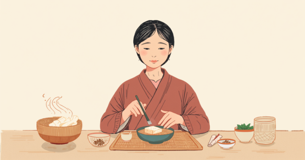 豆腐や味噌汁など和食の食卓を用意する40〜50代の女性のイラスト