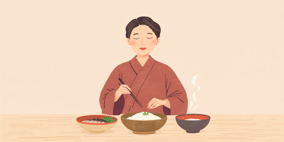 魚や汁物、ごはんをそろえたバランスのよい食卓を用意する女性のイラスト