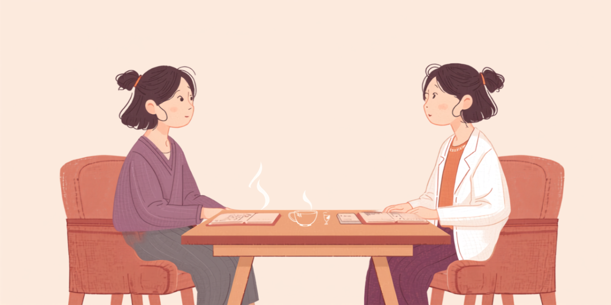 相談室で専門職の人と穏やかに話している女性のイラスト