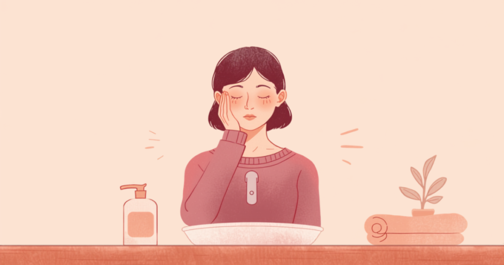 洗面台の前でやさしくスキンケアをする40〜50代の女性のイラスト