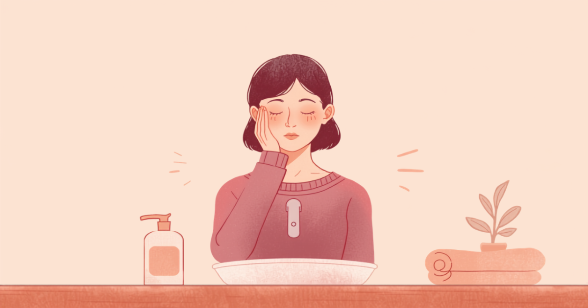 洗面台の前でやさしくスキンケアをする40〜50代の女性のイラスト