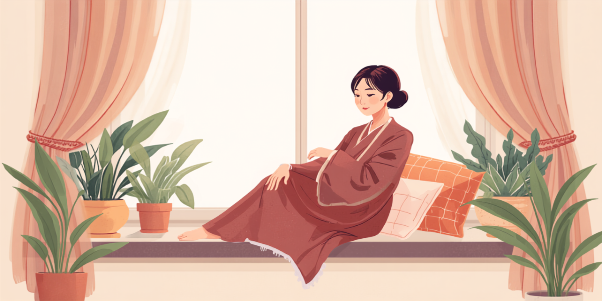 明るい窓辺のソファでくつろぎ、自分の腕をやさしくなでる女性のイラスト