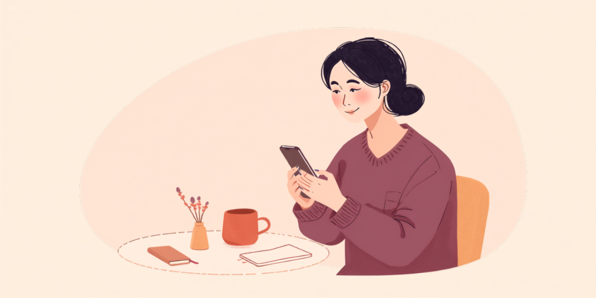 窓辺のテーブルでスマートフォンを見ながら記録をつける女性のイラスト