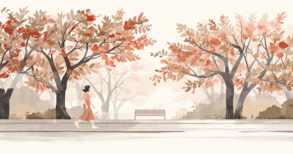 朝の光がさす公園の並木道をゆっくり歩く女性のイラスト