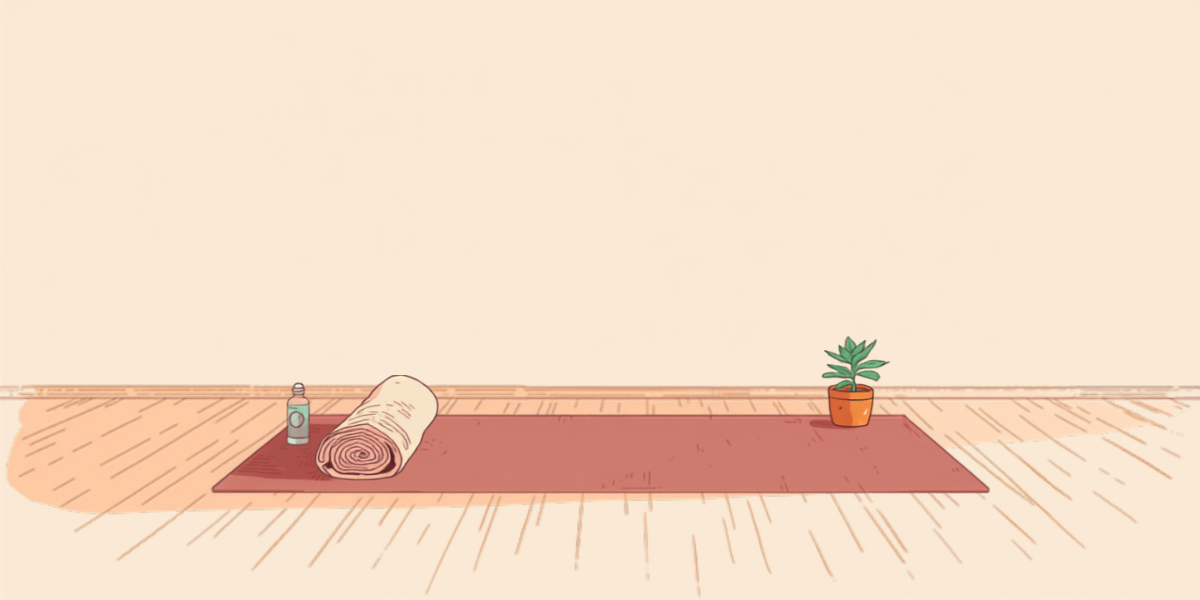 窓辺に広げたヨガマットと水筒が置かれた部屋のイラスト