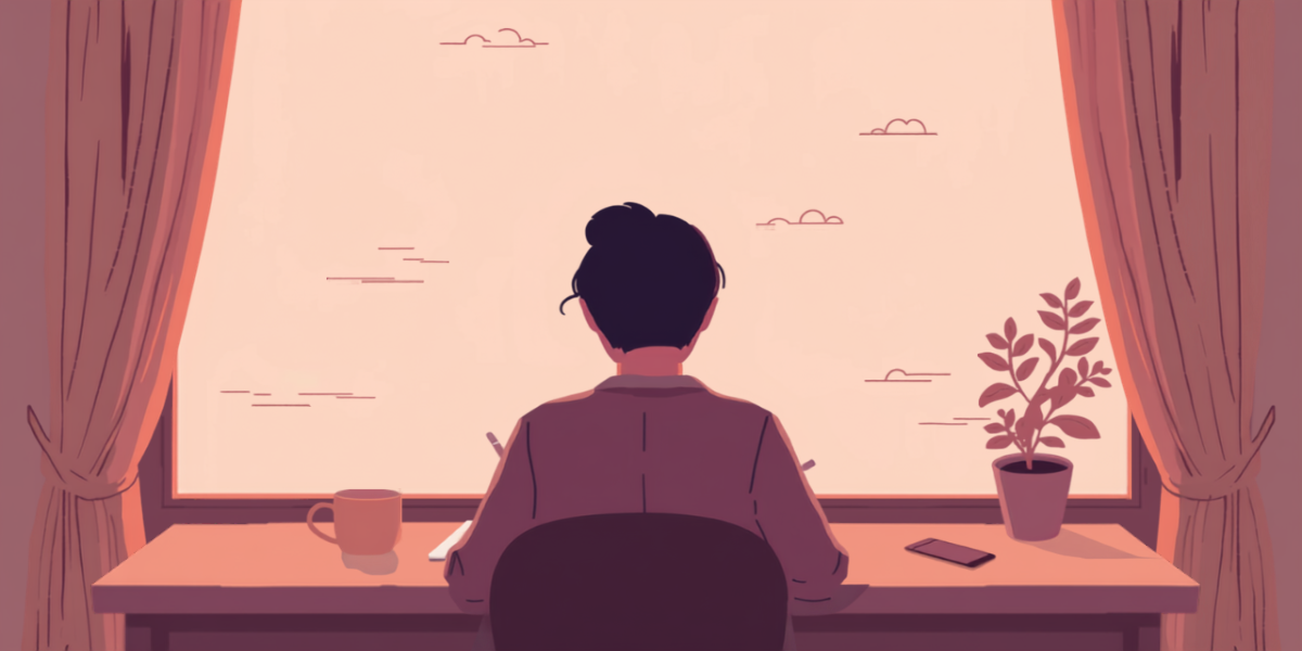 窓辺の机でノートに体調を書き留める女性の後ろ姿のイラスト