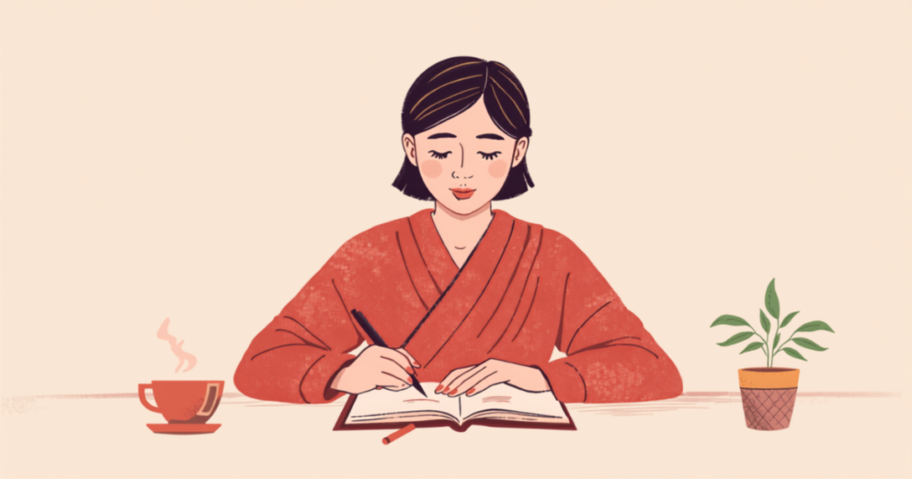 机に向かって、その日の体調をノートに書きこむ女性のイラスト
