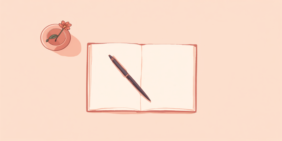 開いたノートとペン、マグカップが置かれた机の上のイラスト