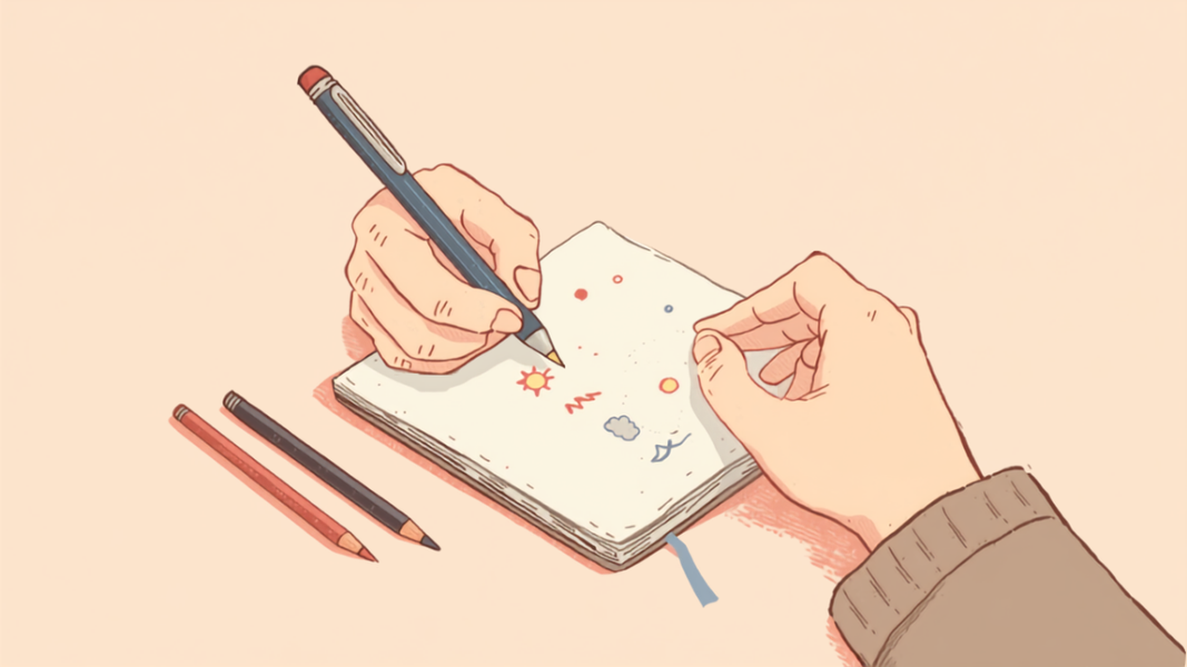 ノートに丸印や天気のマークを書きこんでいる手元のイラスト