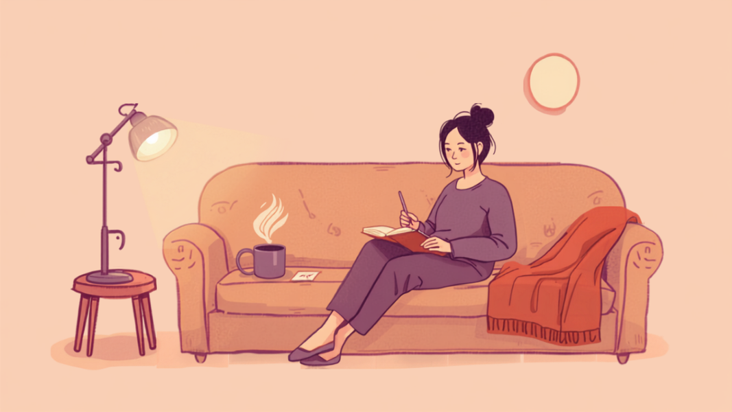 夜のリビングでソファに座り、ノートに短くメモを書く女性のイラスト