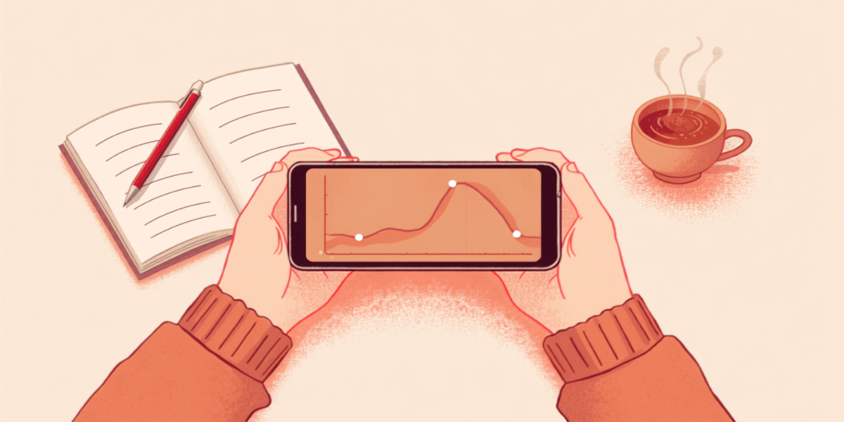 スマートフォンで体調の記録の移り変わりを眺めている手元のイラスト
