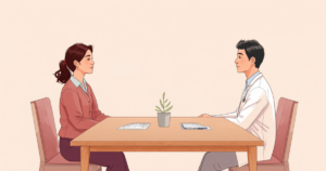 クリニックの診察室で、更年期の不調について医師とテーブル越しに落ち着いて話している女性のイラスト