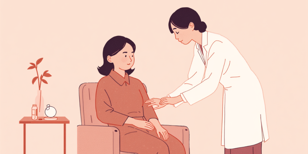 診察室の椅子に座る女性に、白衣のスタッフがやさしく寄り添っている様子のイラスト