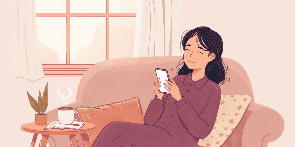 窓辺のソファでくつろぎながらスマートフォンで体調を記録している女性のイラスト