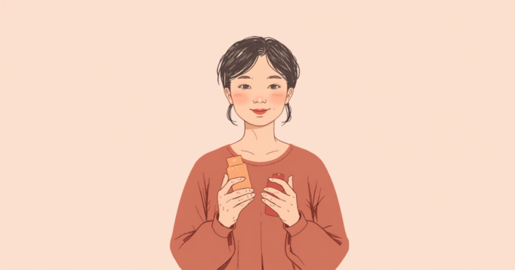 ドラッグストアで商品を見比べる女性のイラスト