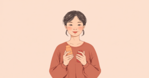 ドラッグストアで商品を見比べる女性のイラスト