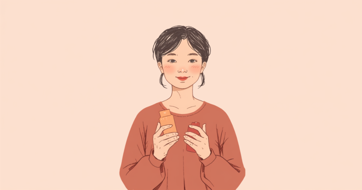 ドラッグストアで商品を見比べる女性のイラスト