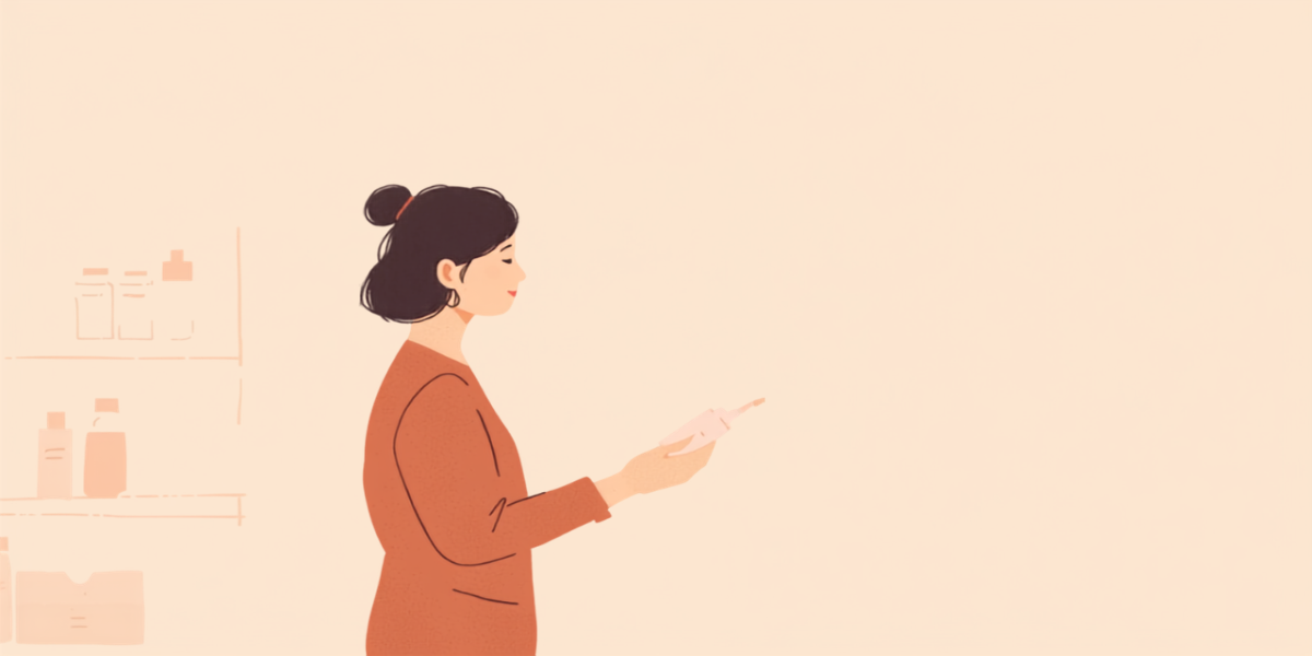 棚の前で商品を手に取り、成分表示を確かめている女性のイラスト