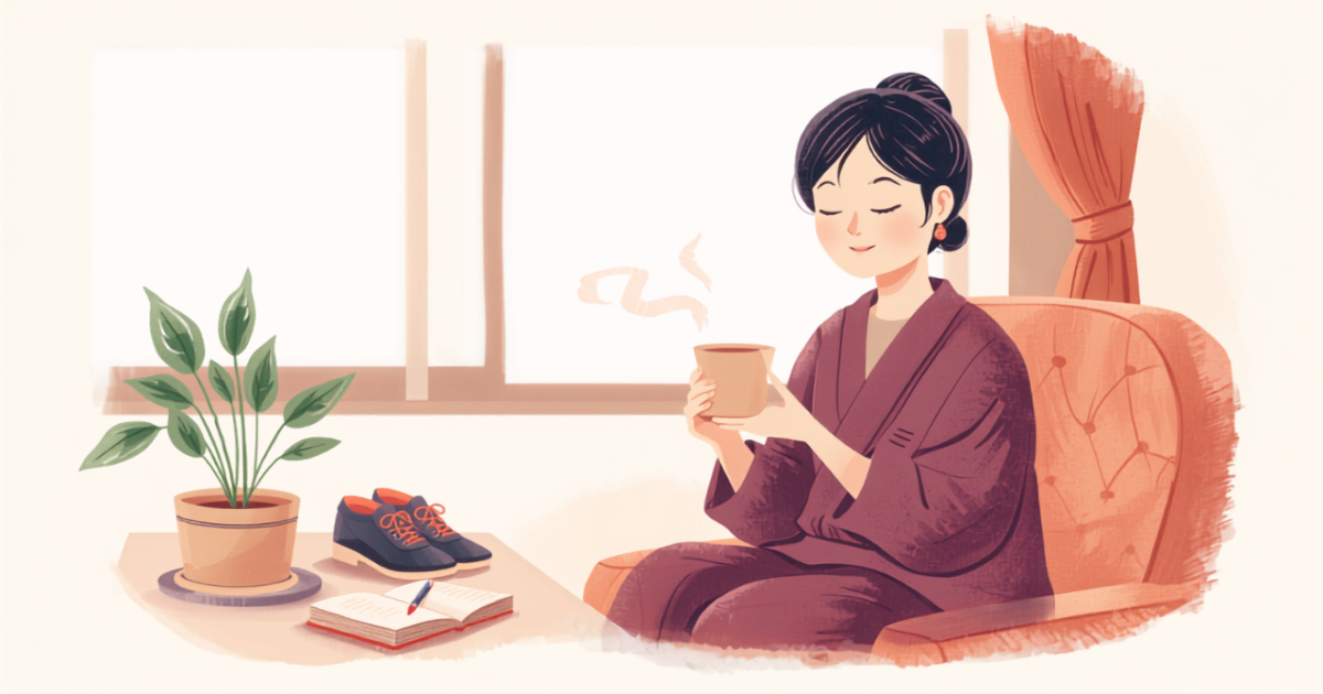 窓辺のいすでお茶を飲みながら、穏やかにひと息ついている女性のイラスト