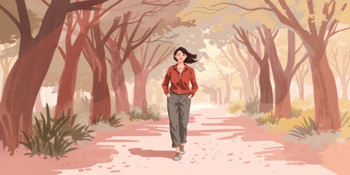 木立の遊歩道をスニーカーで散歩している女性のイラスト