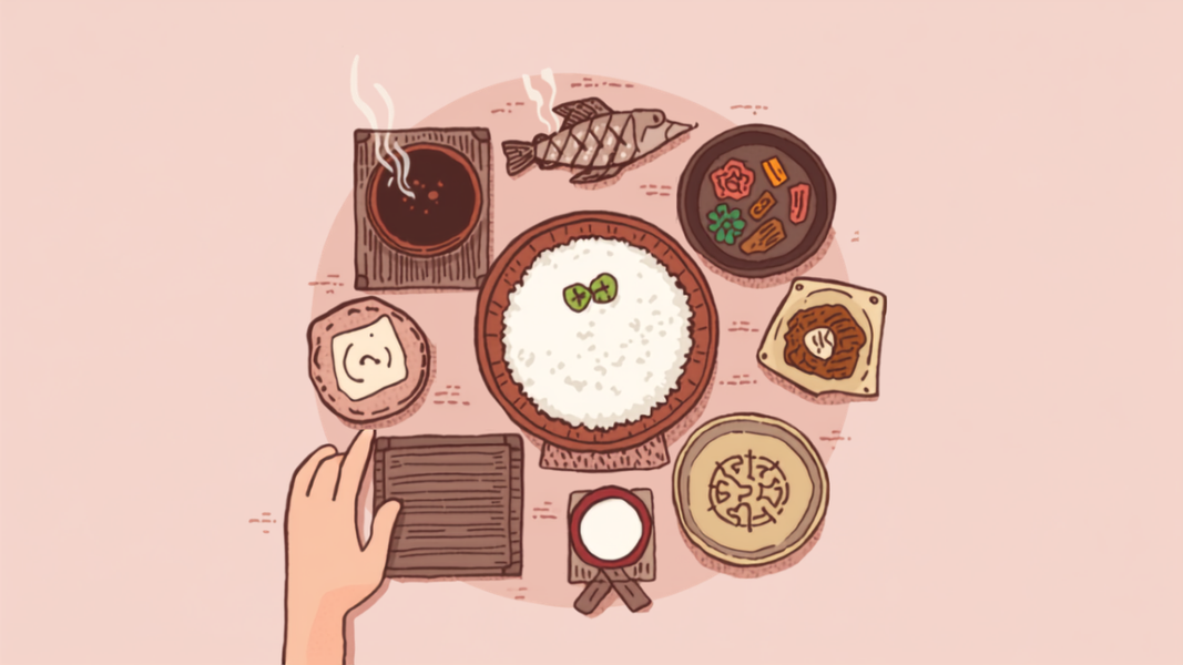 ごはん・味噌汁・焼き魚・豆腐・野菜など、バランスのよい和食の食卓を上から見たイラスト