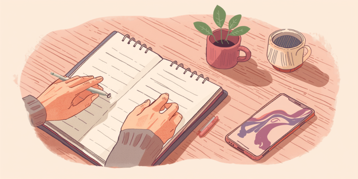 手帳に印をつけながら、となりのスマートフォンで体調の記録を見返している手元のイラスト