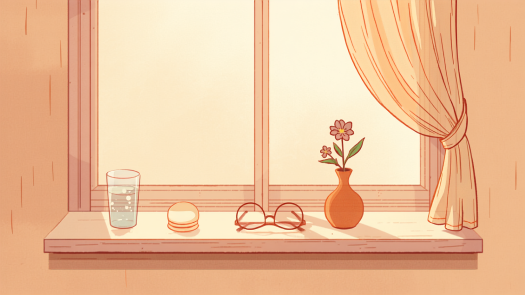 朝の光が差し込む窓辺に、水のグラスと眼鏡、小さな花が置かれたやわらかなイラスト