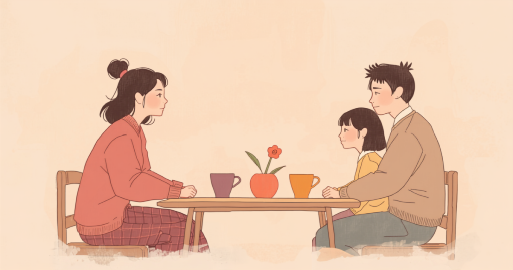 リビングのテーブルで家族とおだやかに向き合って話す40〜50代の女性のイラスト