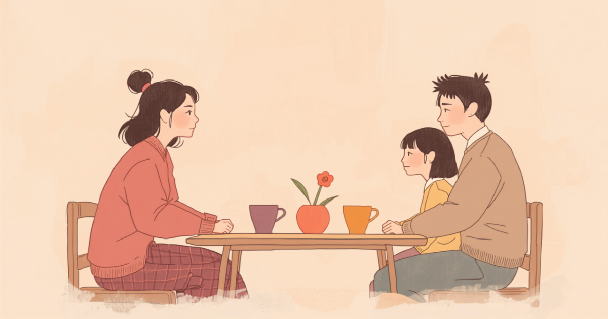 リビングのテーブルで家族とおだやかに向き合って話す40〜50代の女性のイラスト