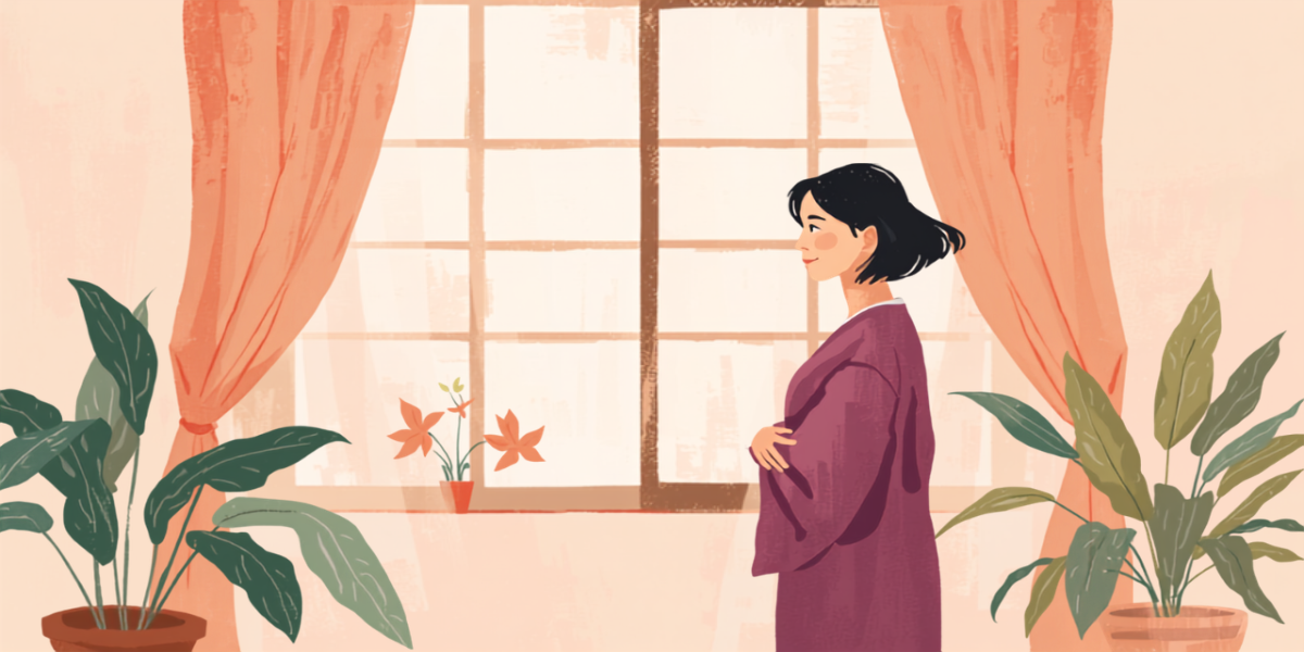 静かな部屋の窓辺で外をながめながら思いをめぐらせる女性のイラスト