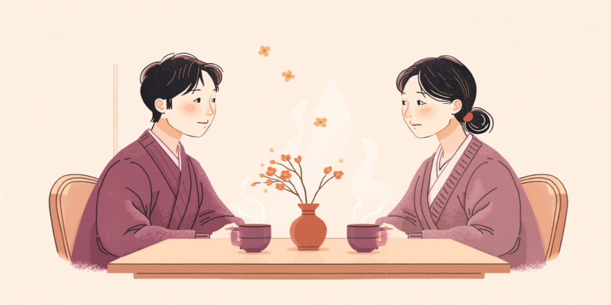 ダイニングテーブルでお茶を飲みながら夫とおだやかに話す女性のイラスト