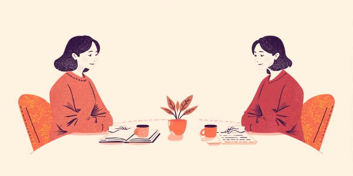 オフィスの打ち合わせスペースで同僚と落ち着いて話をする女性のイラスト